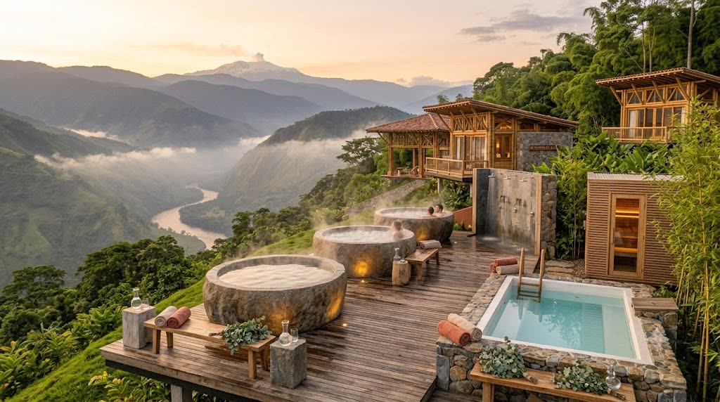 La Vista — stone hot tubs and cold plunge overlooking the river canyon at dusk